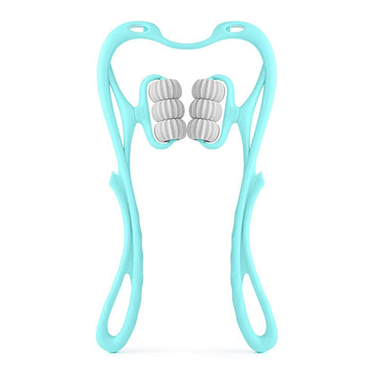 turquoise handheld roller with dual textured massage wheels for neck and back home neck and shoulder relaxation gadget