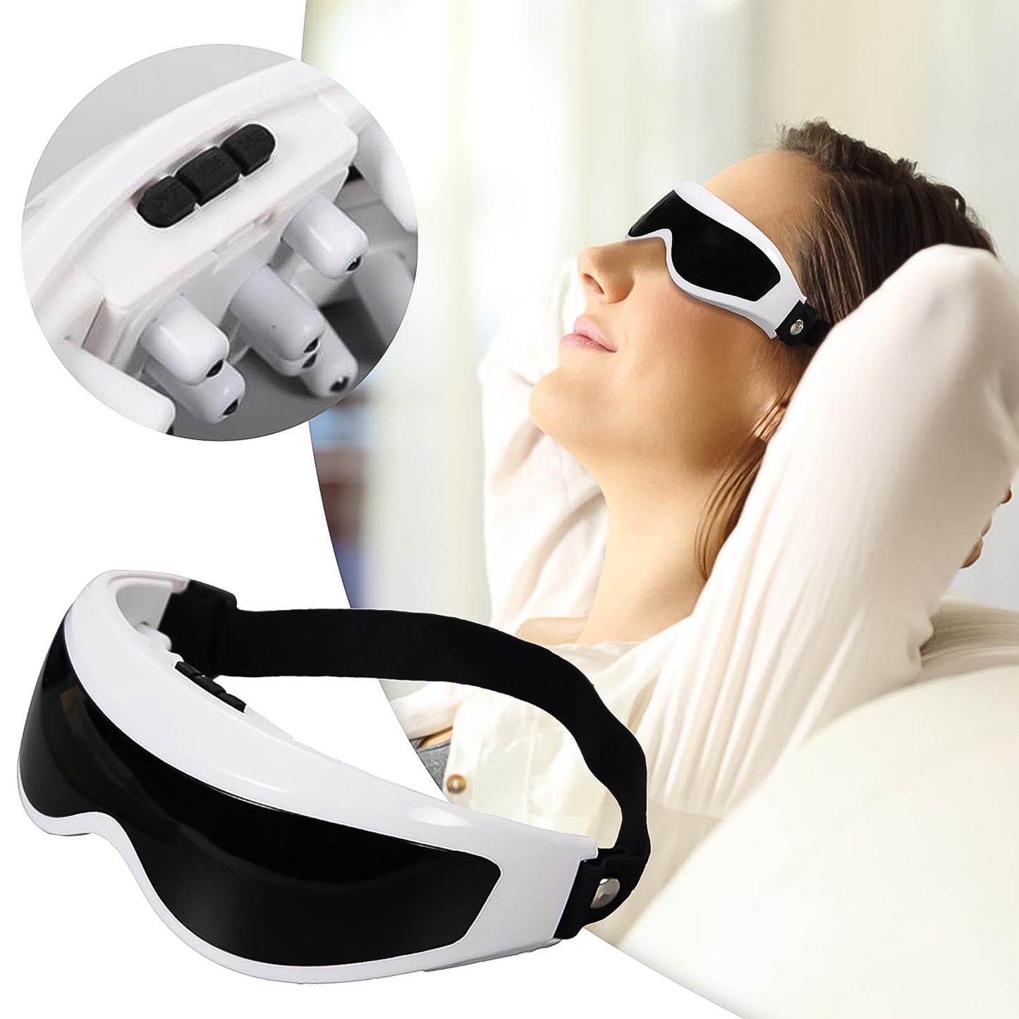 black and white eye massager goggles worn by woman reclining best eye massager for relaxation