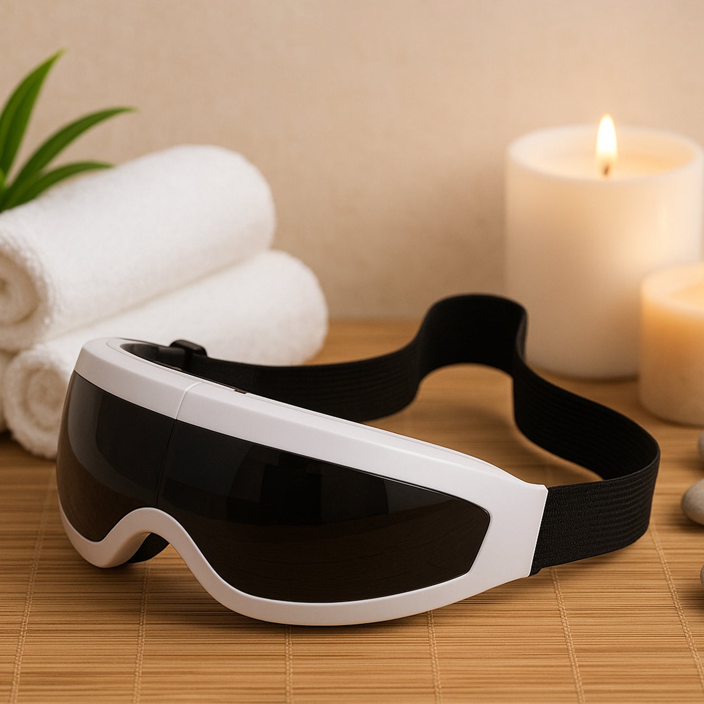 White and black eye massager with adjustable strap on spa table with towels and candles best eye massager for relaxation