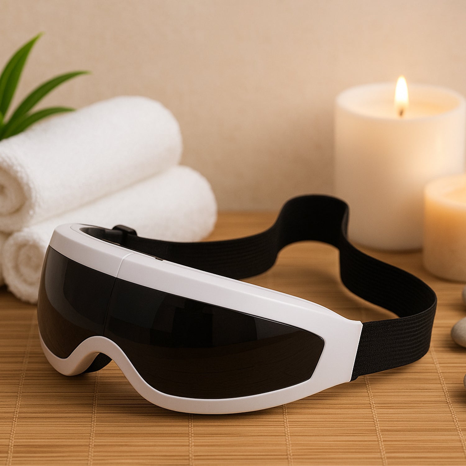 White and black eye massager with adjustable strap on spa table with towels and candles best eye massager for relaxation