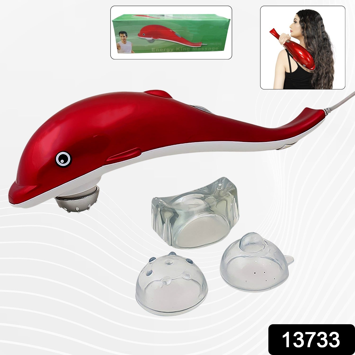 red dolphin handheld portable electric body massager with three clear interchangeable massage heads