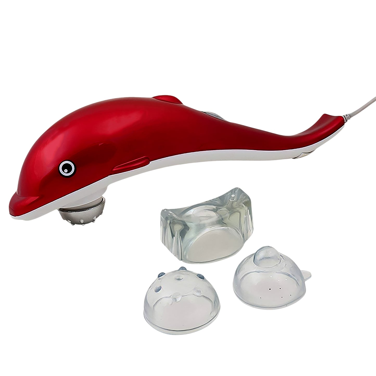 portable electric body massager red dolphin handheld with three clear massage attachments