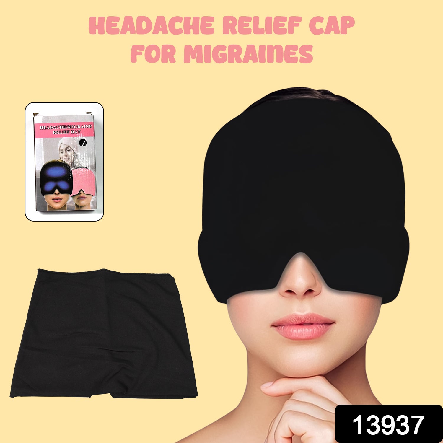 black headache relief wrap cap for migraines covering eyes and head soft therapeutic mask