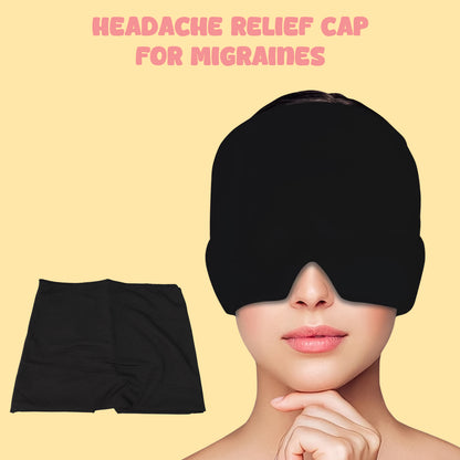 black headache relief wrap worn as migraine cap covering eyes and forehead with flat wrap shown