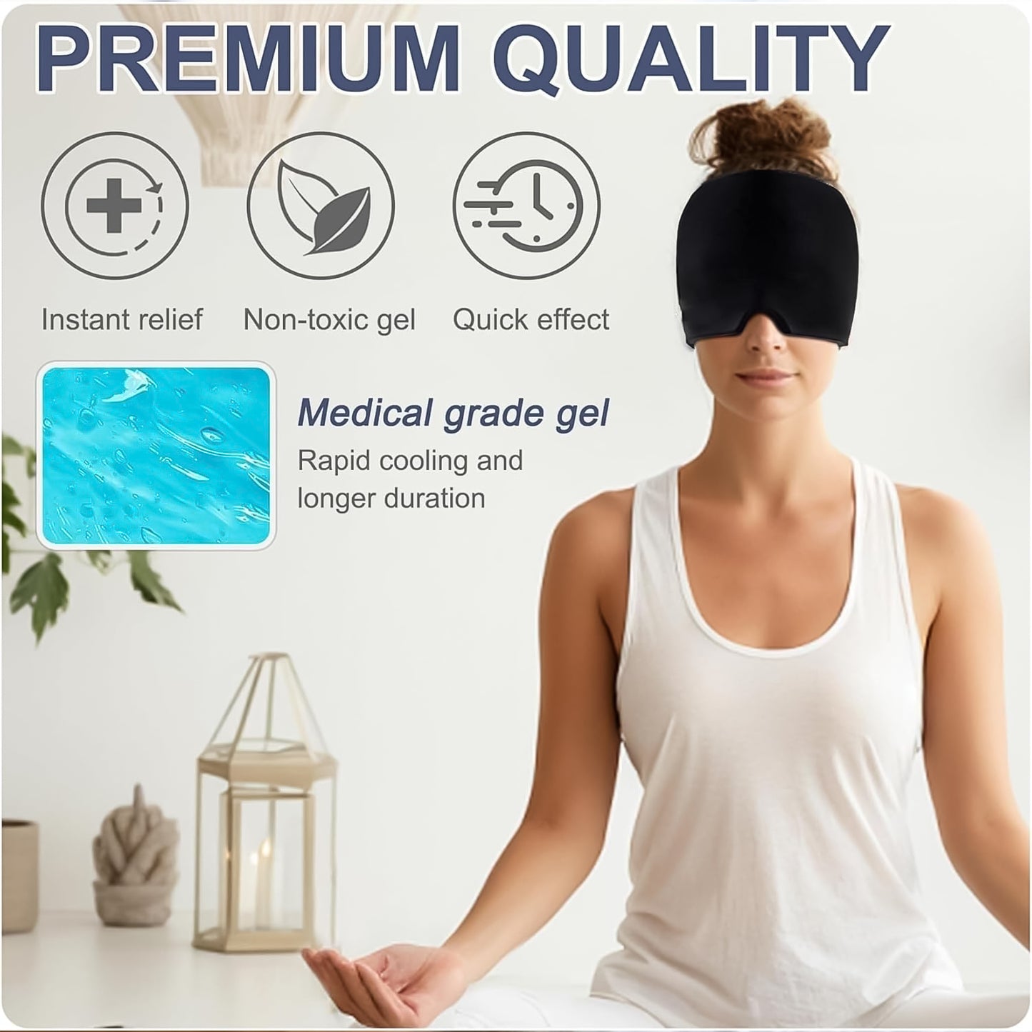 black headache relief wrap on woman meditating medical grade cooling gel eye mask for instant relief