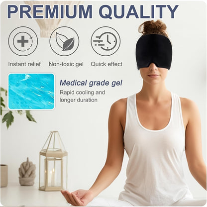 black headache relief wrap on woman meditating medical grade cooling gel eye mask for instant relief