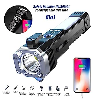 portable rechargeable LED flashlight 8 in 1 emergency hammer power bank with side panel light