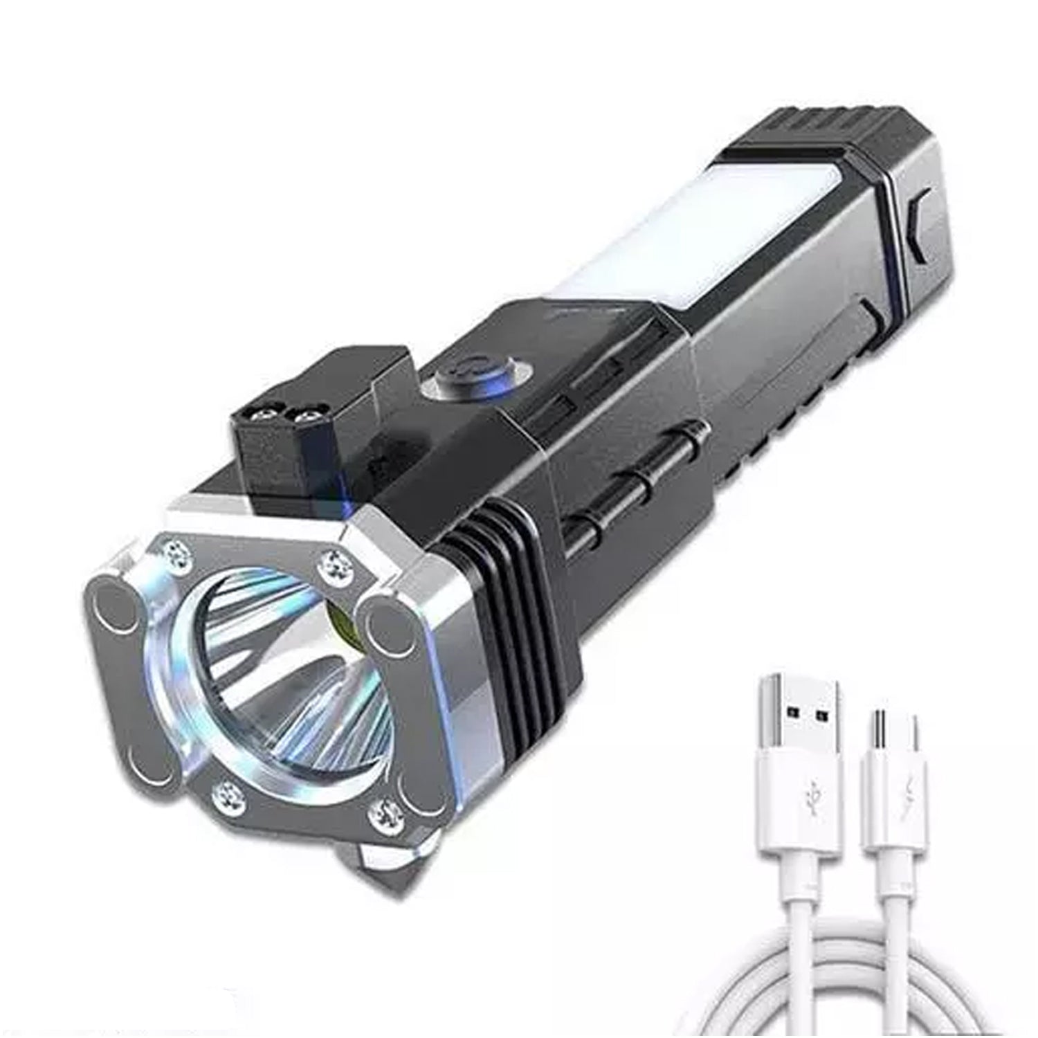 portable rechargeable LED flashlight with zoom beam side lantern panel and USB charging cable for camping