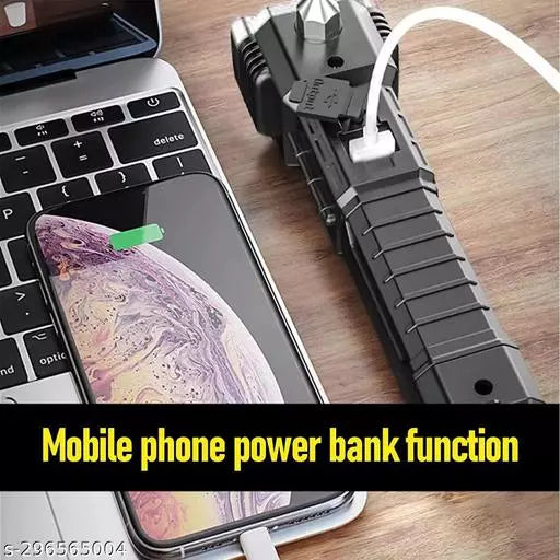 portable rechargeable LED flashlight with built in power bank charging smartphone shown connected