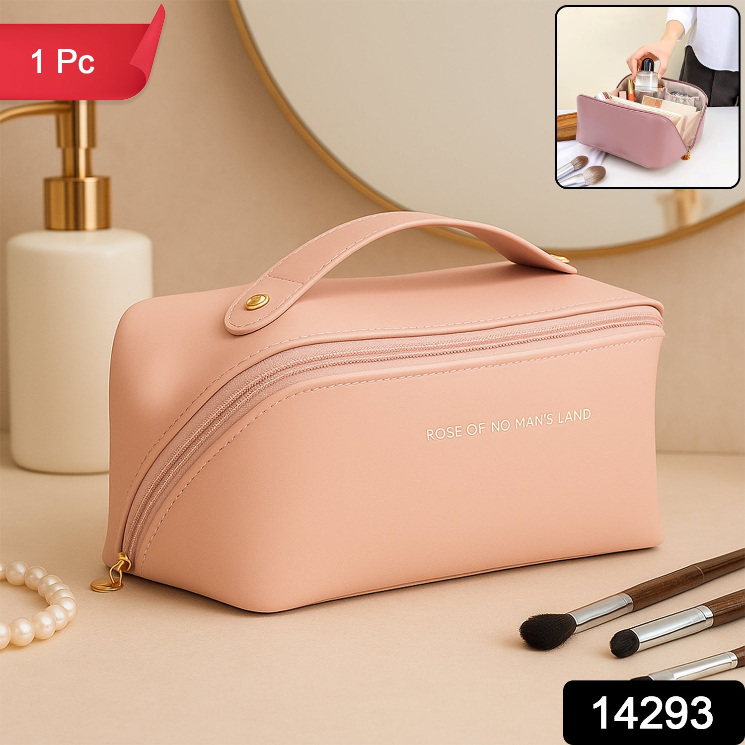 peach travel makeup organizer pouch with top handle and zipper and rectangular toiletry bag with interior compartments