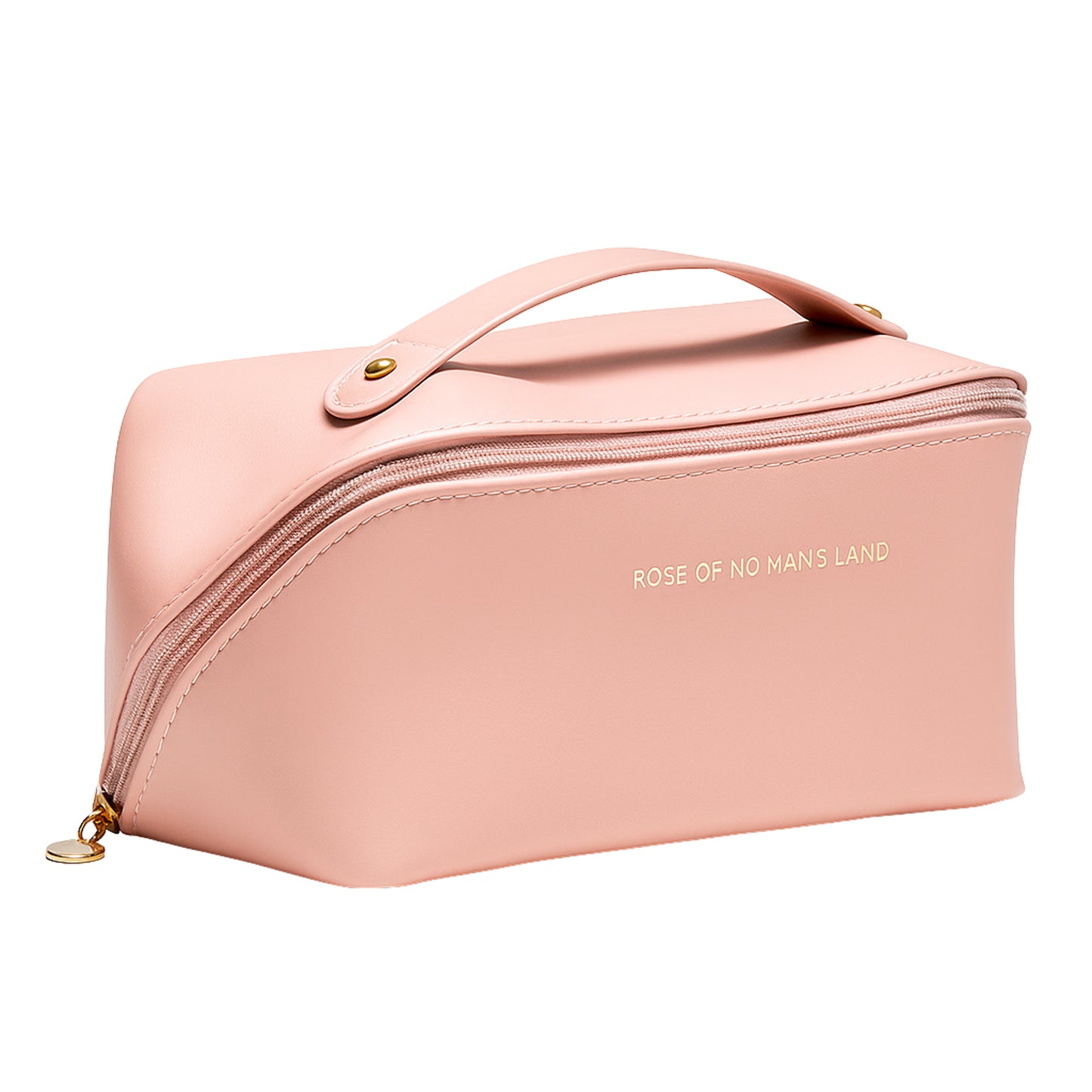 peach travel makeup organizer pouch with top handle gold zipper and structured rectangular design for travel