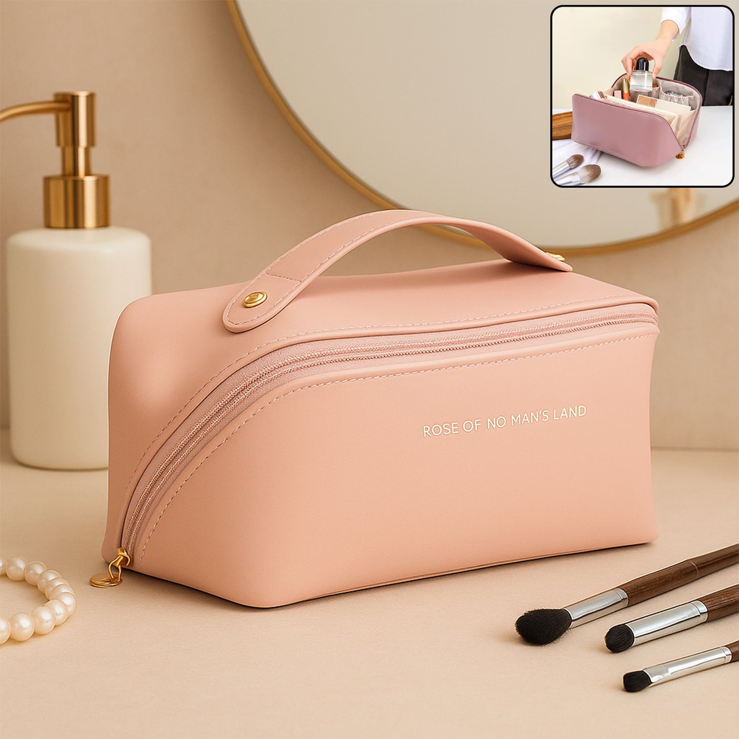 peach travel makeup organizer pouch with top handle zipper roomy faux leather cosmetic case