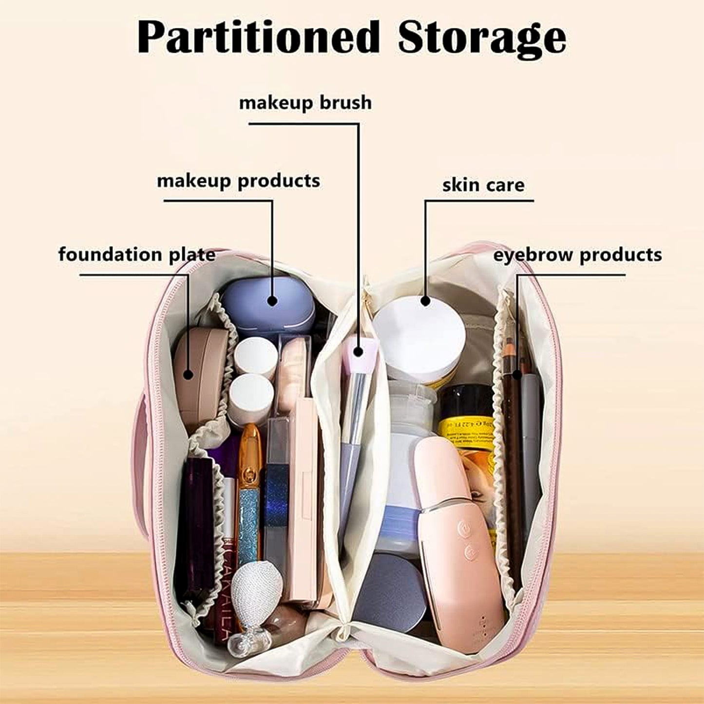 peach travel makeup organizer pouch open with partitioned compartments holding brushes palettes skincare bottles