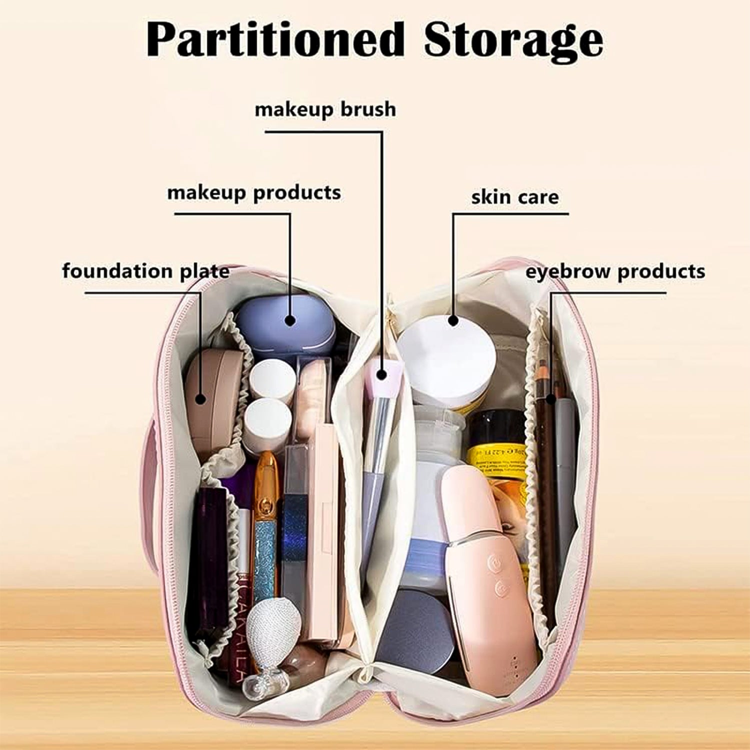 peach travel makeup organizer pouch open with partitioned compartments holding brushes palettes skincare bottles