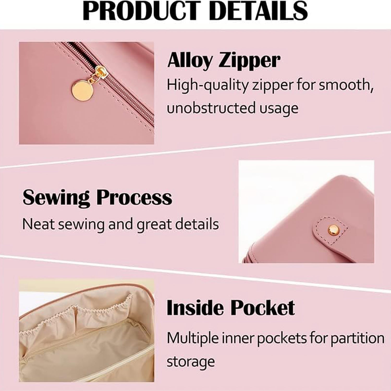 peach travel makeup organizer pouch showing alloy zipper sewing details and inside pocket