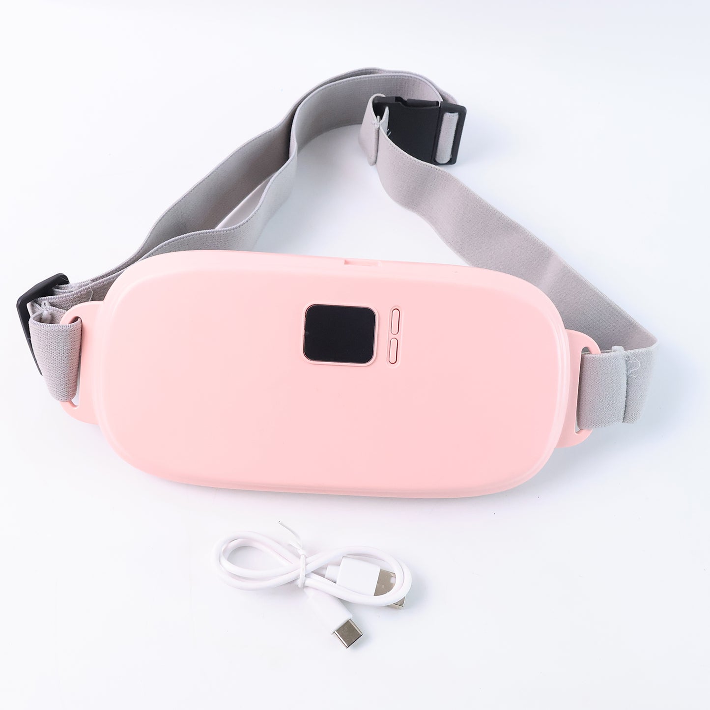 pink electronic pain relief heating belt for women with adjustable gray strap and USB charging cable