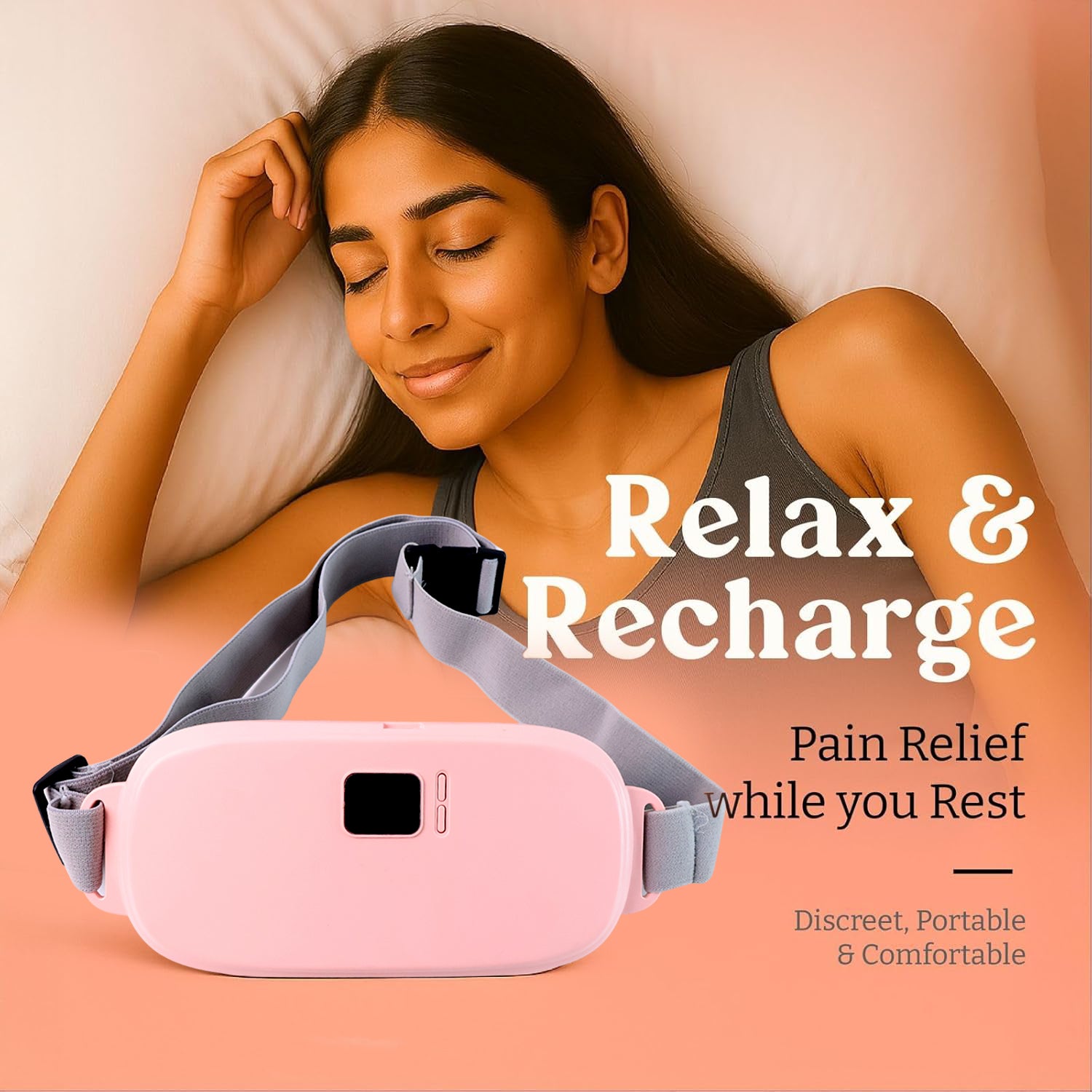 pink pain relief heating belt for women shown on bed with relaxed woman resting comfortably