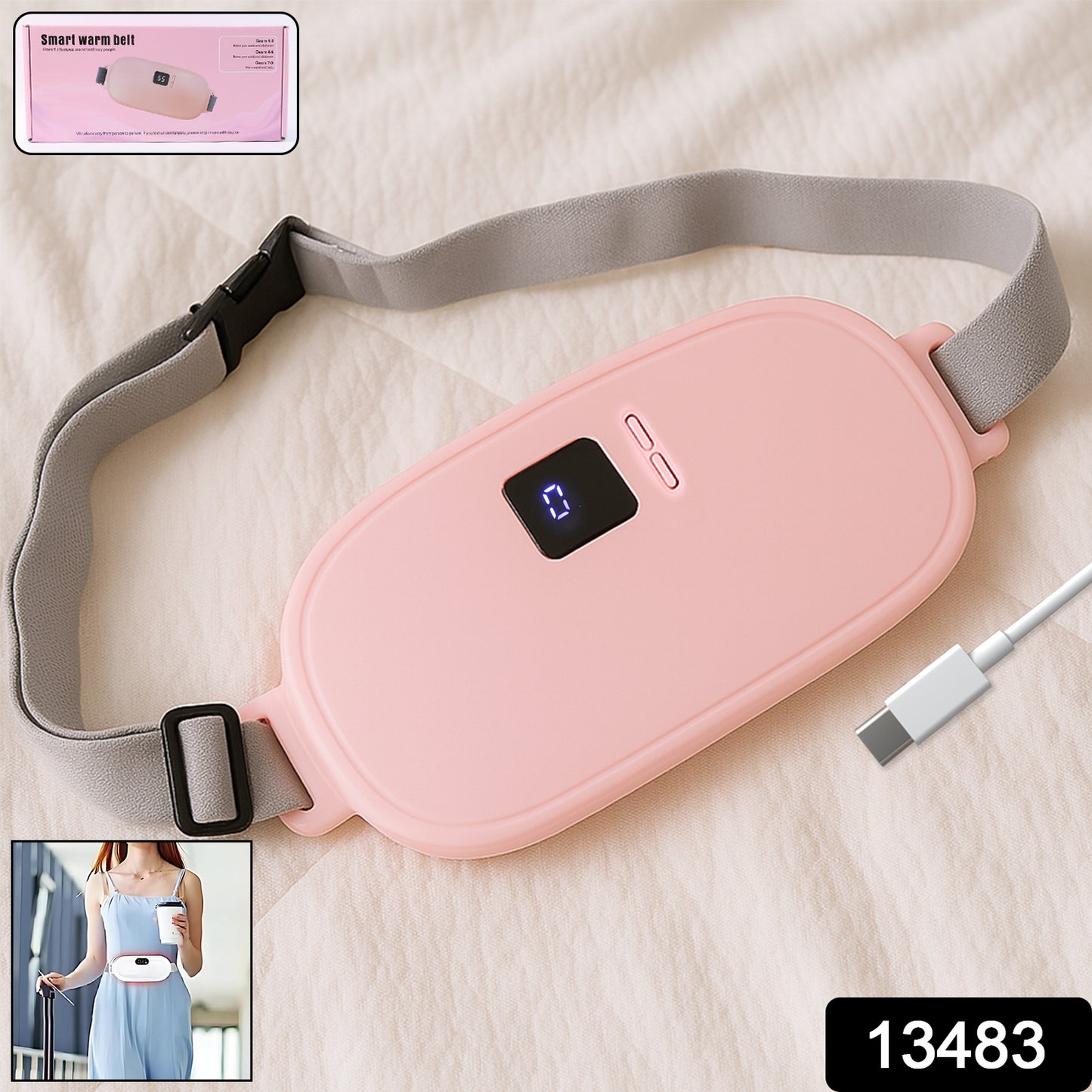 pink USB rechargeable pain relief heating belt for women with adjustable gray strap and digital display