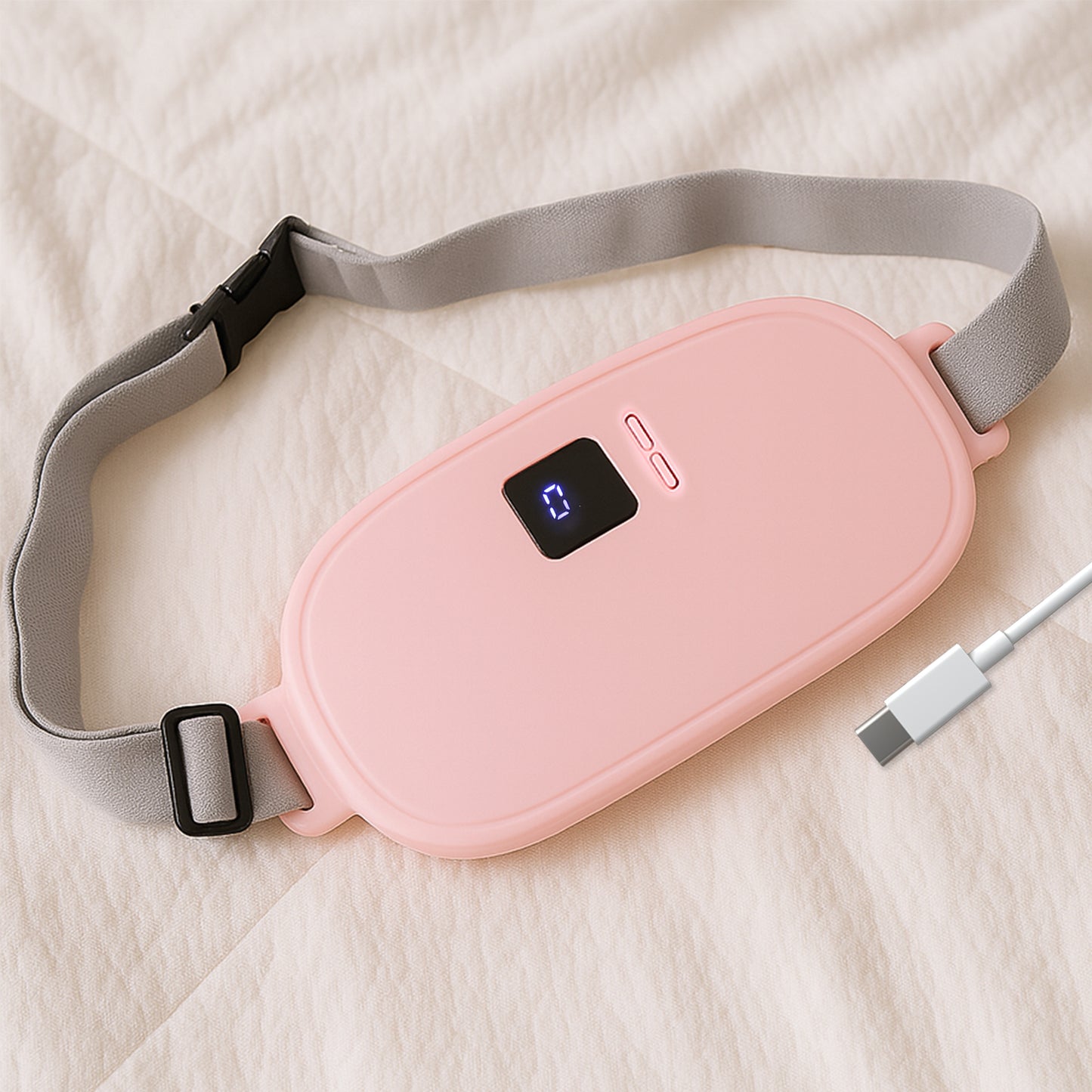 pink USB rechargeable pain relief heating belt for women with digital display and adjustable gray strap