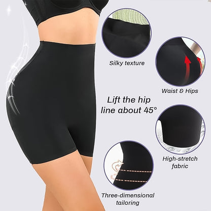 black high waist hip enhancing body shaper shorts with silky high stretch fabric and targeted hip lift