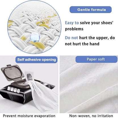 shoe cleaning wipes in black dispenser with self adhesive opening and soft nonwoven cloth