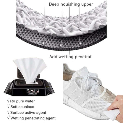 shoe cleaning wipes pack with dispenser shown cleaning white mesh sneaker and fabric layers showing wetting penetration
