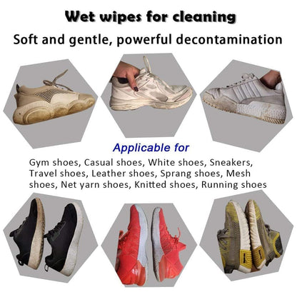 shoe cleaning wipes shown cleaning and protecting multiple sneakers and casual shoes in before and after images