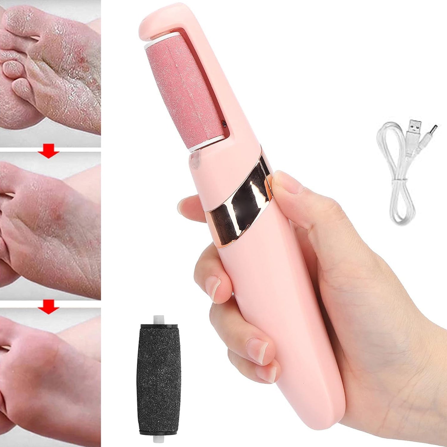 pink electronic foot file with USB charger and roller heads best electronic foot file for smooth heels