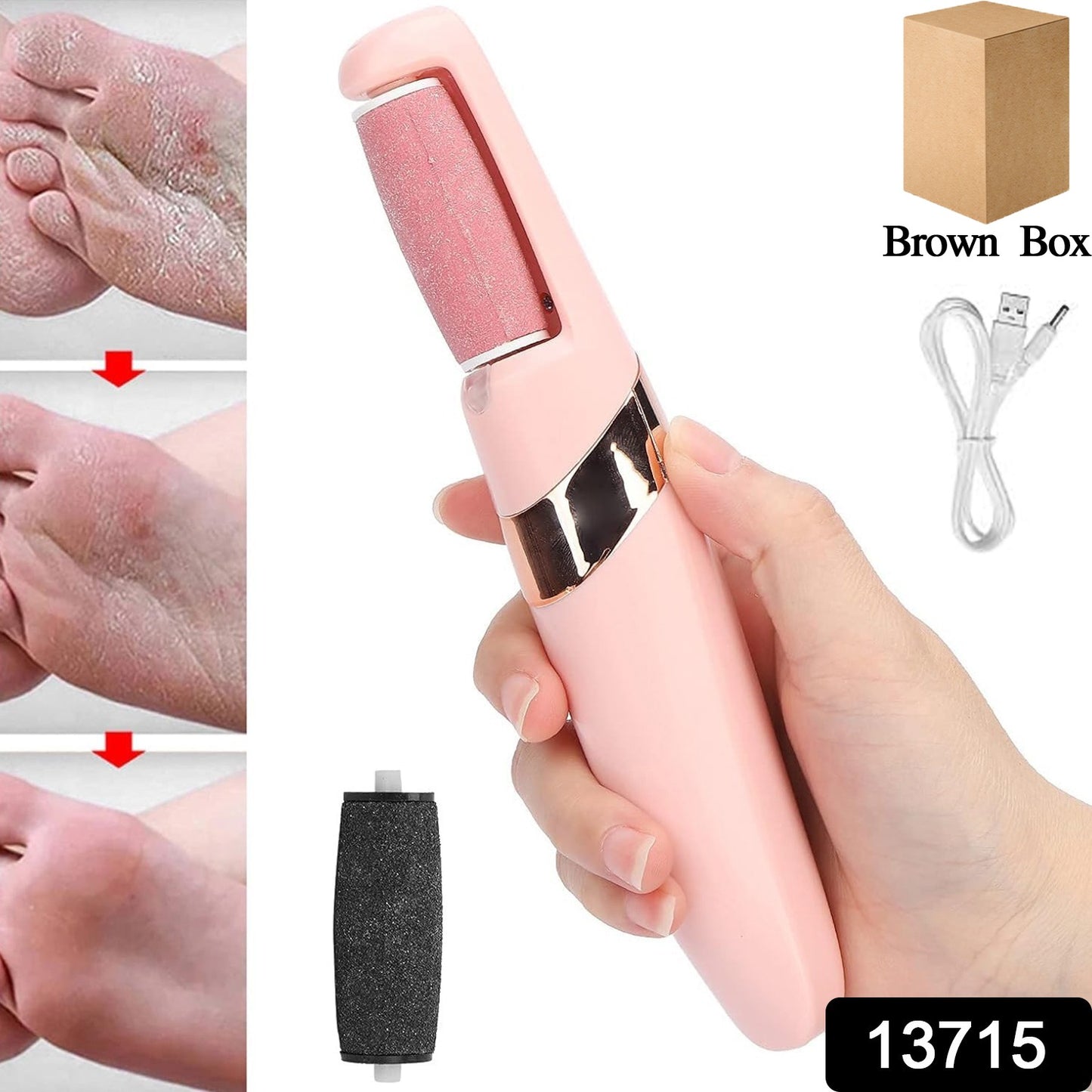 pink electric foot file with USB cable and roller before after feet photos best electronic foot file for smooth heels