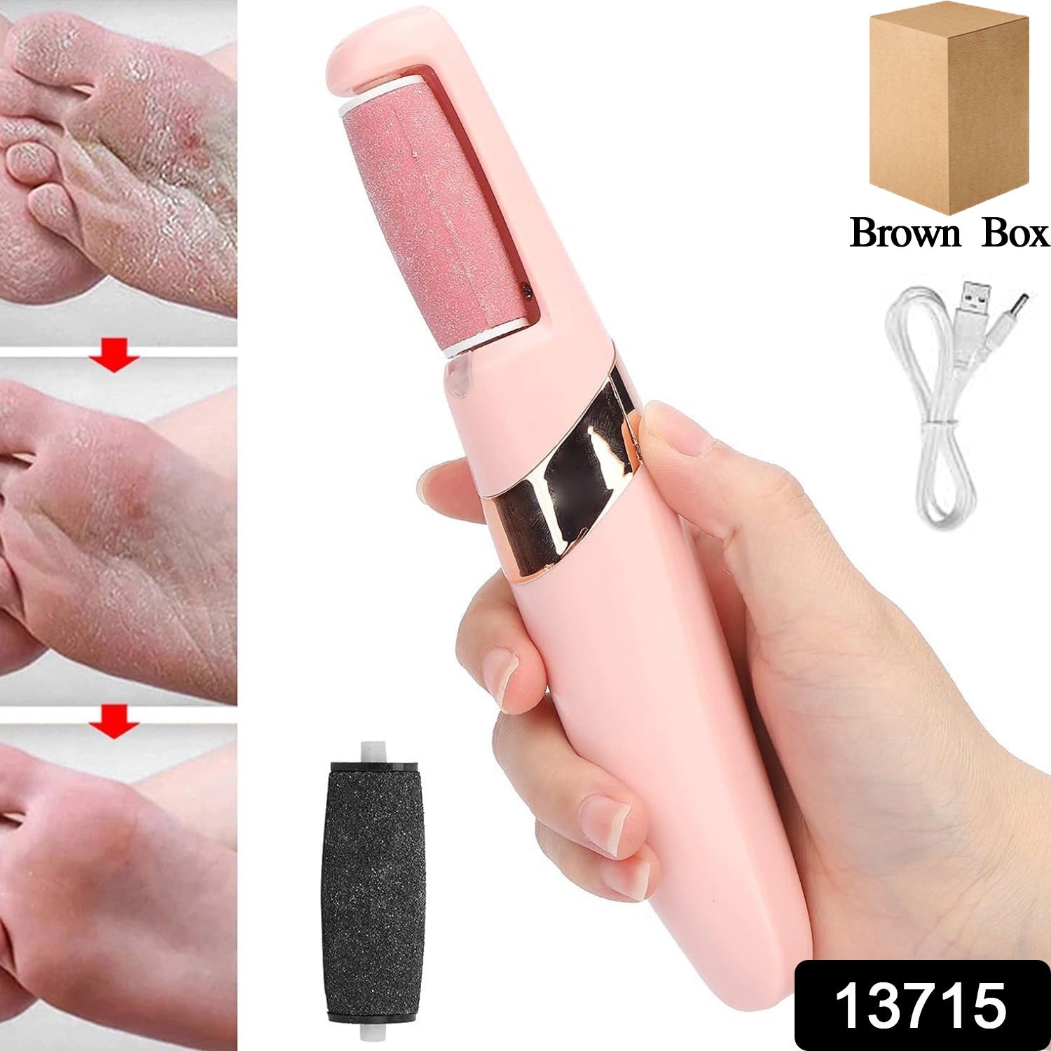 pink electric foot file with USB cable and roller before after feet photos best electronic foot file for smooth heels