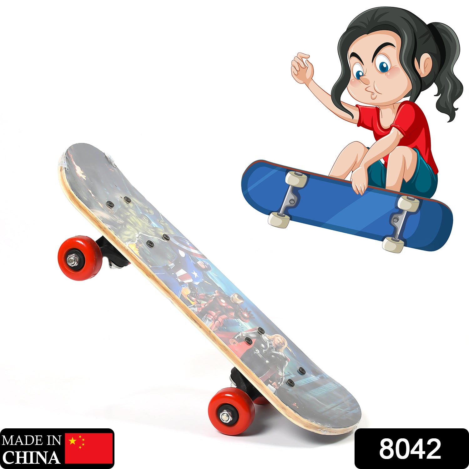 wood skateboard for beginners toy with printed deck and red wheels shown with cartoon rider