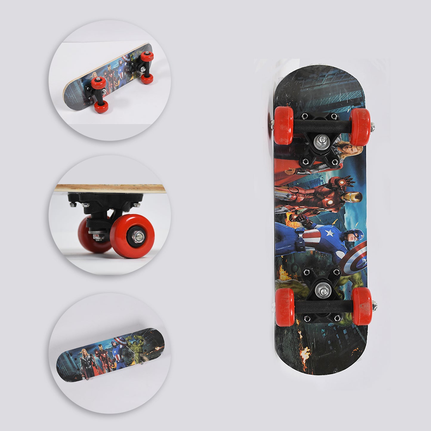 wood skateboard for beginners with red polyurethane wheels and comic style superhero graphic deck