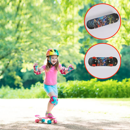 wood skateboard for beginners pink cruiser with child wearing helmet and knee pads outdoors