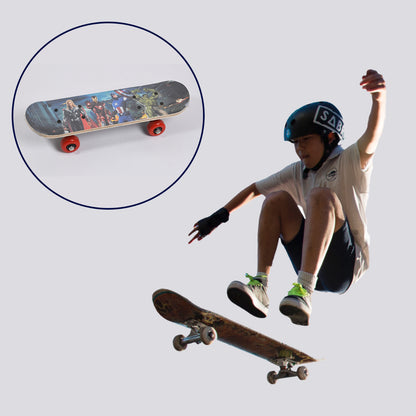 wood skateboard for beginners with superhero deck graphic and boy doing an airborne trick
