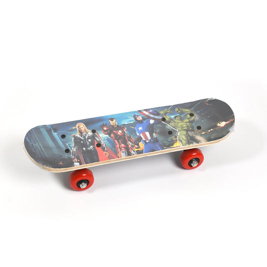 wood skateboard for beginners with superhero deck art and red wheels perfect kids toy