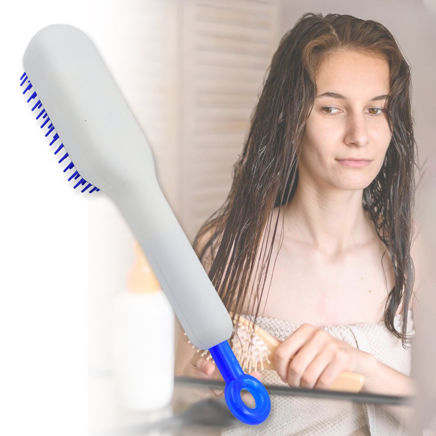 scalable rotating hair styling tool in white and blue shown with woman brushing wet hair