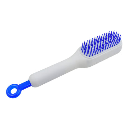 scalable rotating hair styling tool white handle with blue silicone bristles and hanging loop