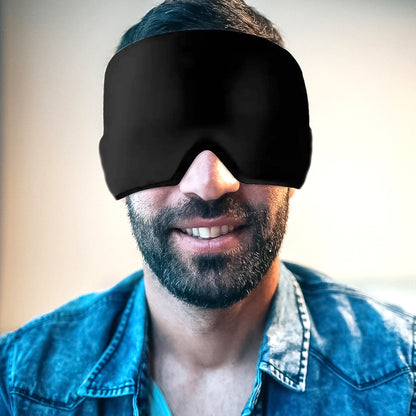 migraine relief cap for headaches on smiling bearded man black cooling compression head wrap