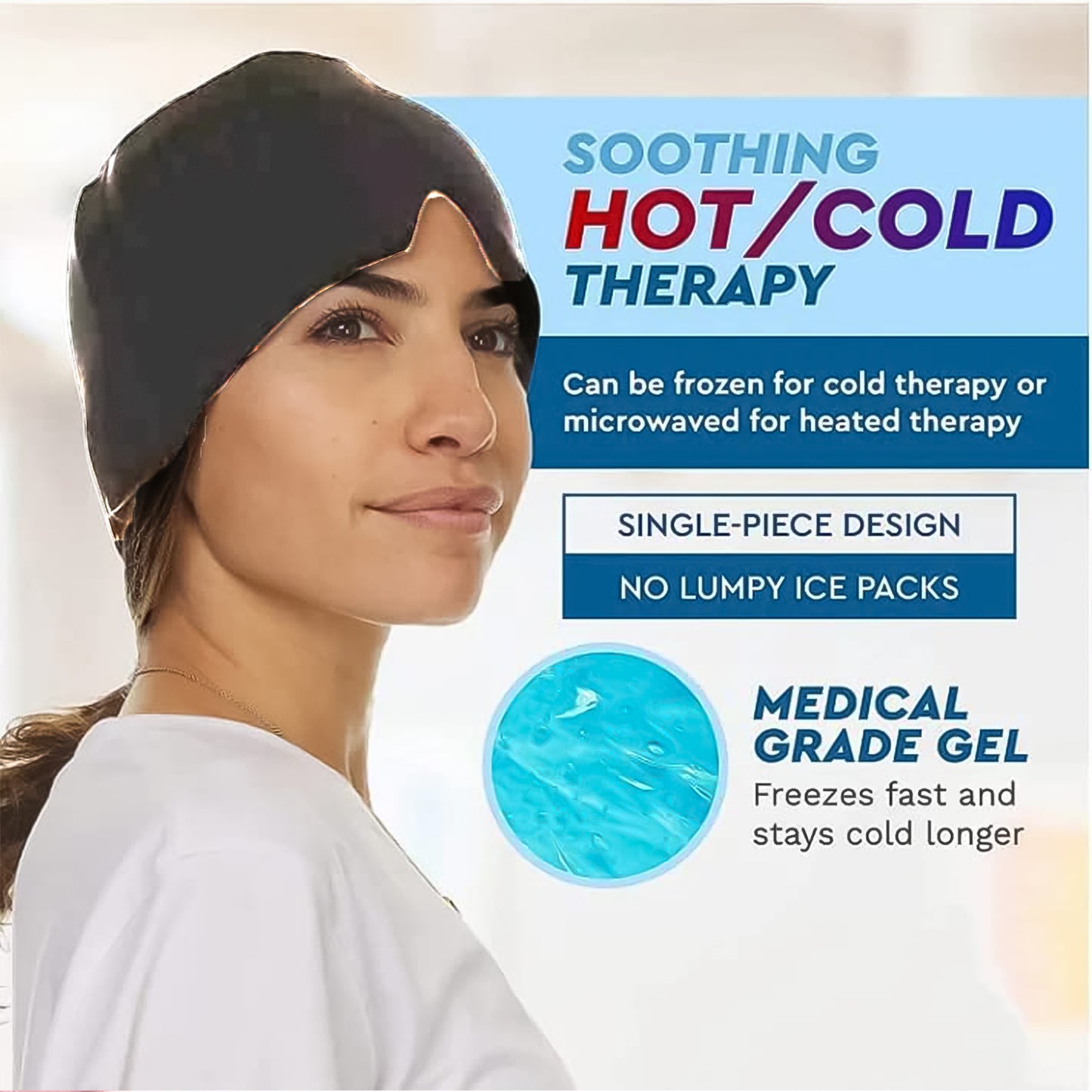 migraine relief cap for headaches black medical gel cap on woman showing hot cold therapy