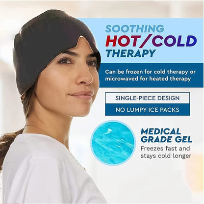 migraine relief cap for headaches black medical gel cap on woman showing hot cold therapy