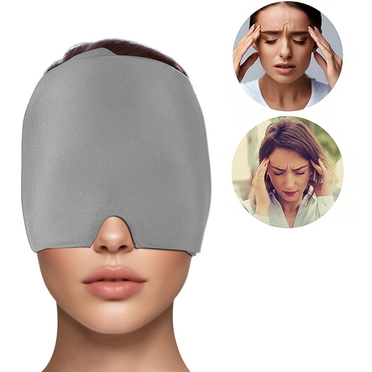 migraine relief cap for headaches gray forehead and eye wrap on model with inset headache photos