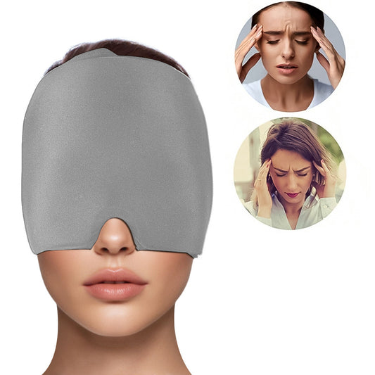 migraine relief cap for headaches gray forehead and eye wrap on model with inset headache photos