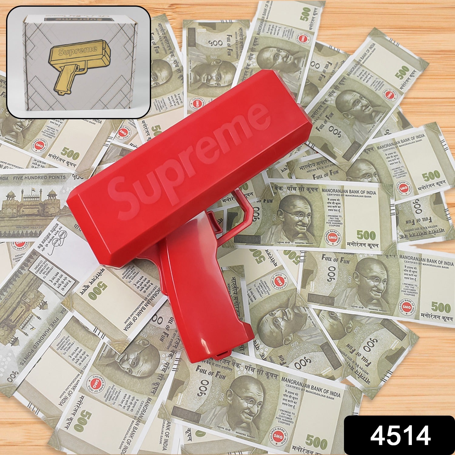 red toy money gun shooter for parties firing fake rupee bills on wooden table model 4514