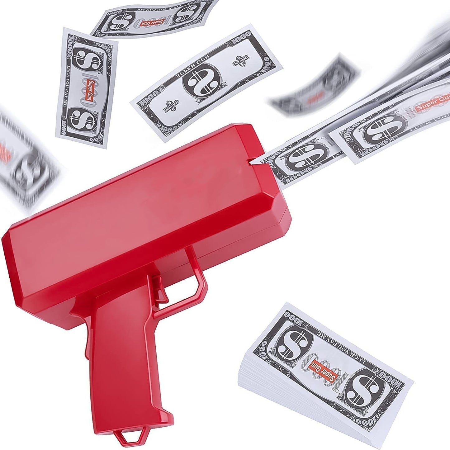 red plastic toy money gun shooter for parties firing fake dollar bills with stacked bills beside it