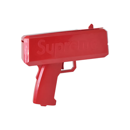 red plastic cash cannon toy pistol with embossed logo money gun shooter for parties