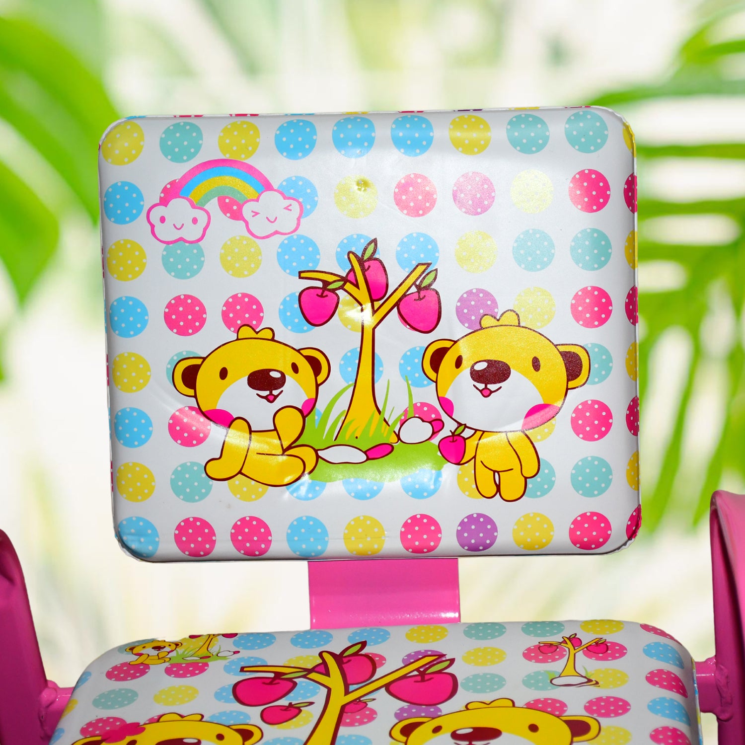 cartoon baby chair with steel frame featuring colorful polka dots and teddy bear prints on padded seat