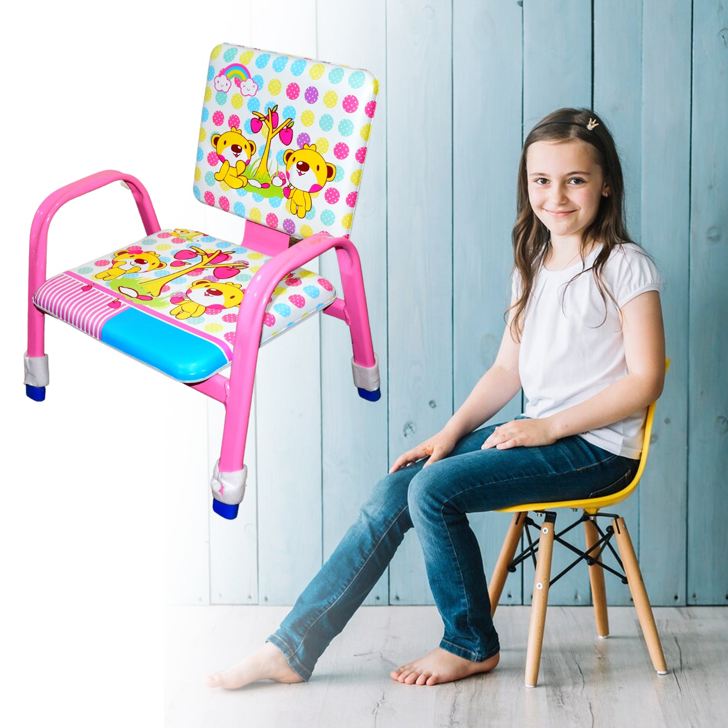 cartoon baby chair with steel frame in pink with colorful bear print armrests for toddlers shown with child for scale