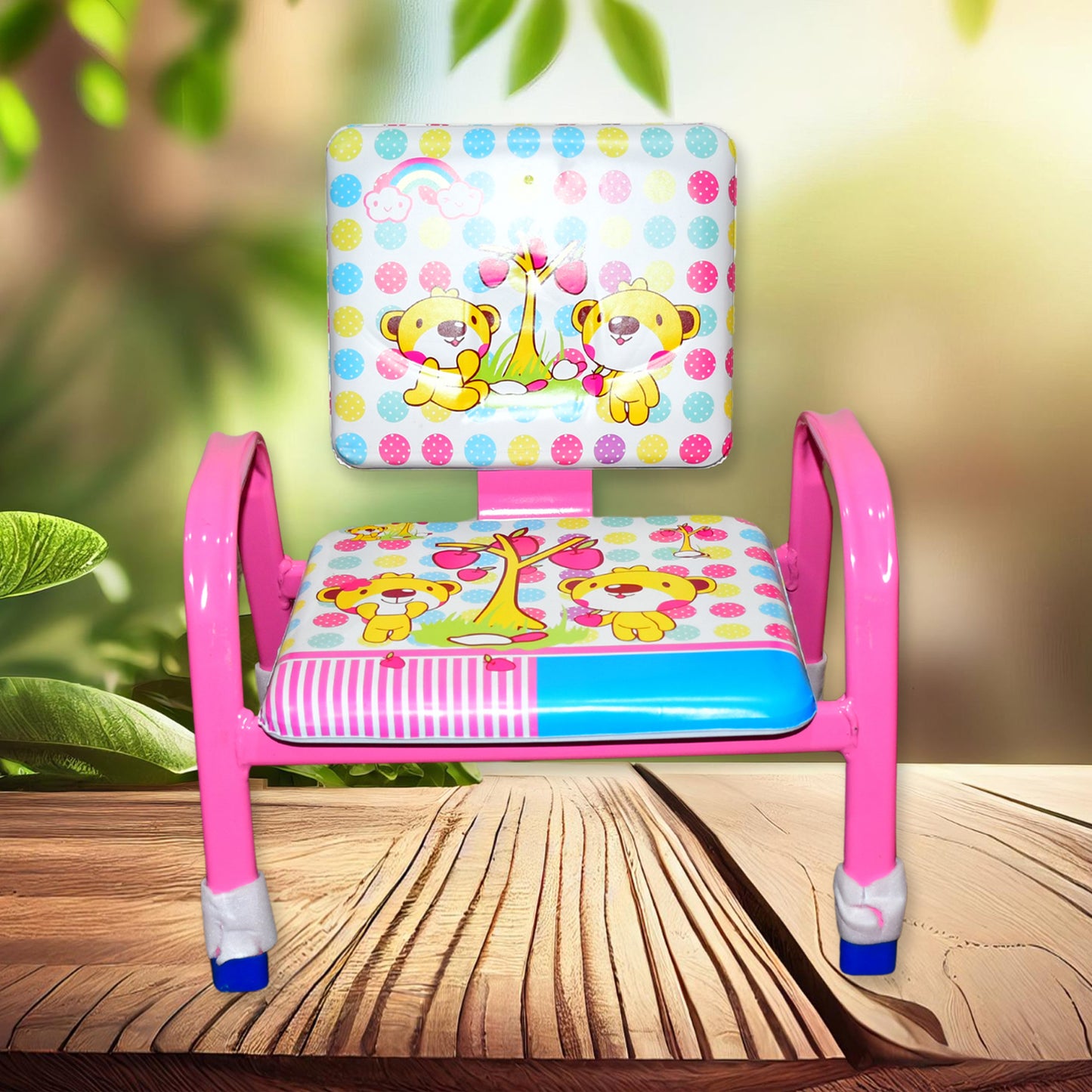 pink cartoon baby chair with steel frame padded seat and back featuring puppy and giraffe print