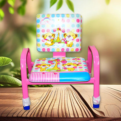 pink cartoon baby chair with steel frame padded seat and back featuring puppy and giraffe print