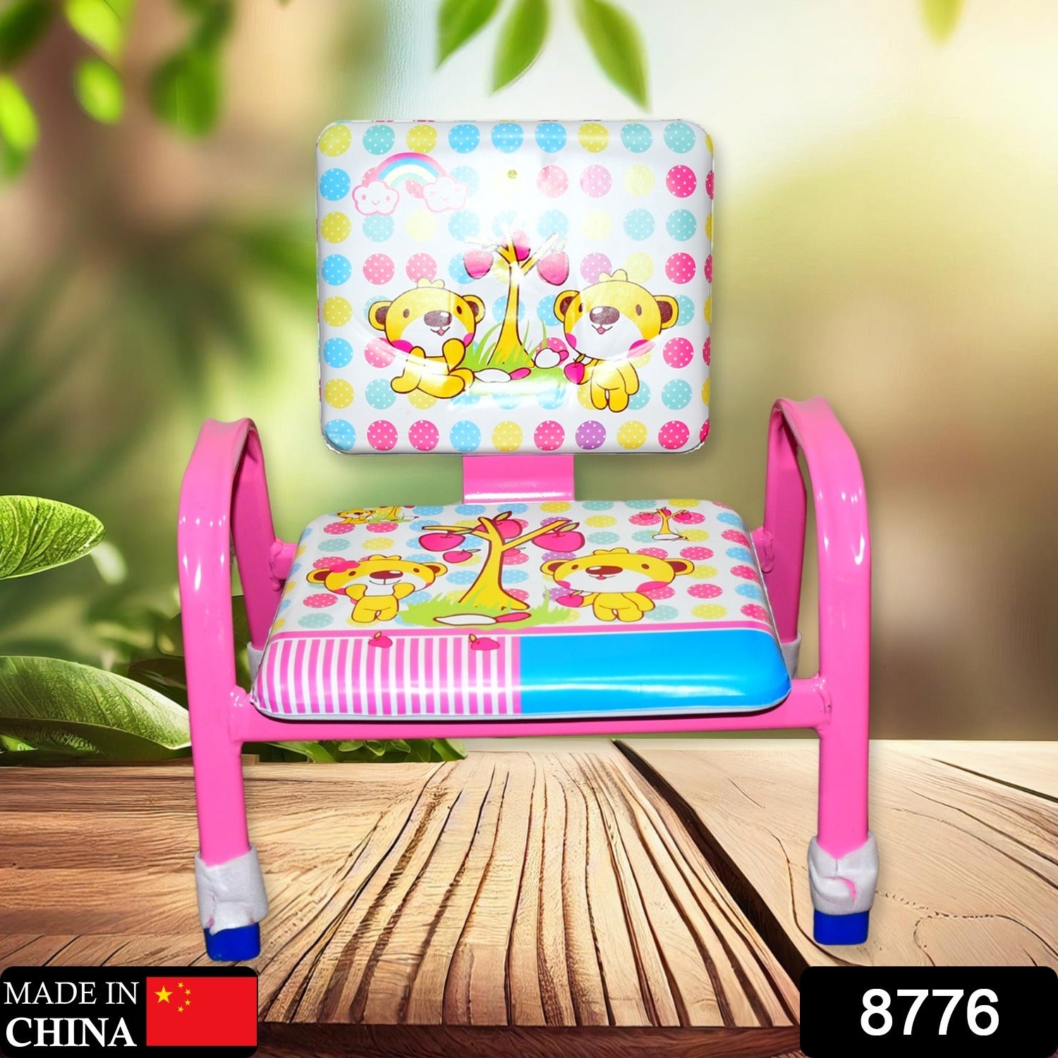pink kids cartoon baby chair with steel frame padded seat and back featuring bears and tree print